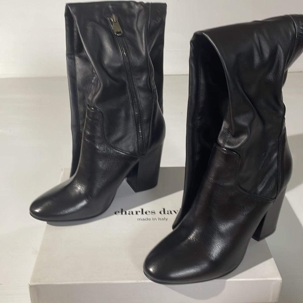 NWT Charles David Black Leather Knee High Boots